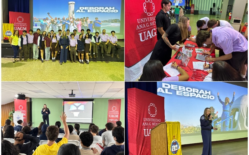 Meteoróloga Deborah Martorell y grupos de estudiantes