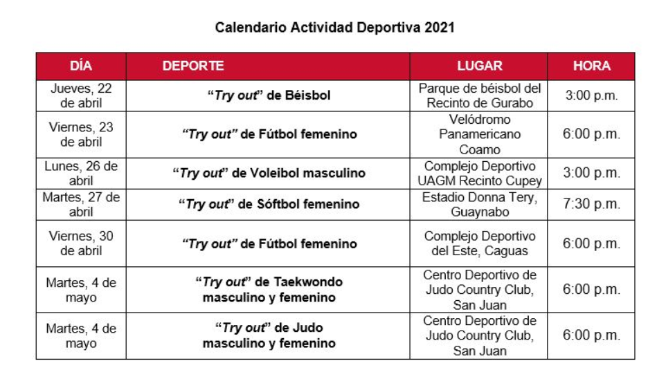 tabla de calendario de actividades