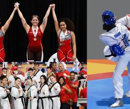 collage de atletas de taekwondo femenino ganan tercer lugar 