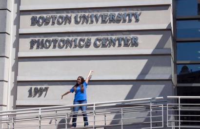 student at entrance of Boston University