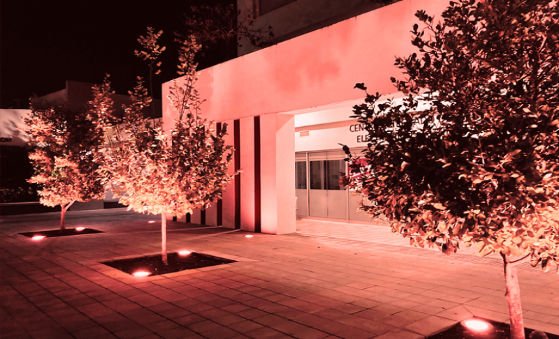 Foto de un edificio de las facilidades de UAGM iluminado de rosa