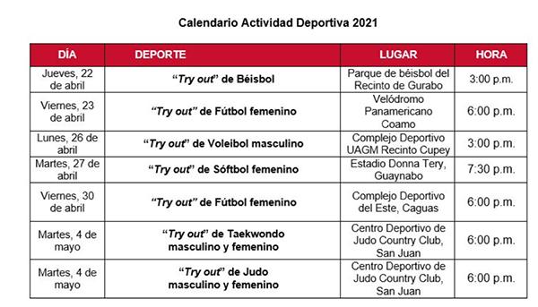 tabla de calendario de actividades