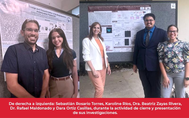 De derecha a izquierda: Sebastián Rosario Torres, Karoline Ríos, Dra. Beatriz Zayas Rivera, Dr. Rafael Maldonado y Dara Ortiz Casillas, durante la actividad de cierre y presentación de sus investigaciones.